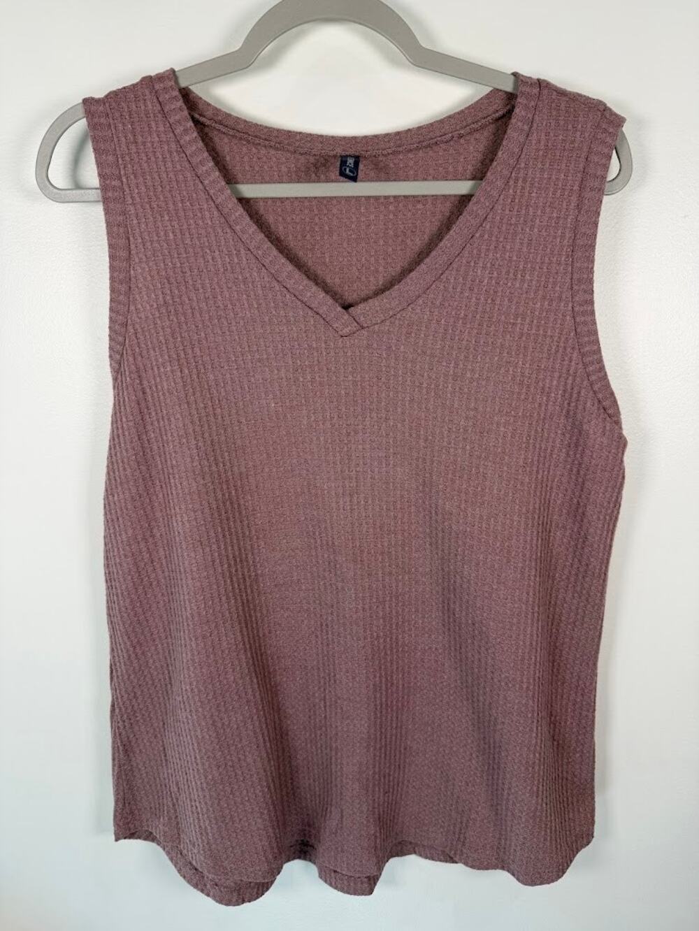 Iwollence Womens Waffle Knit V-Neck Tank Top L Mauve Pink Sleeveless Casual